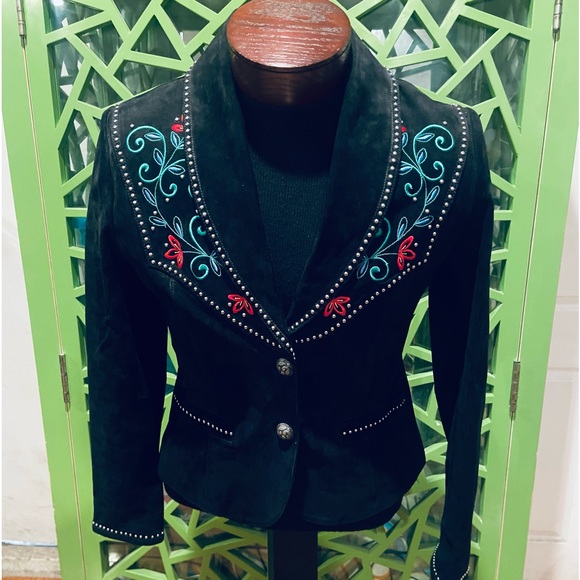 Ripple Creek Vintage Black Suede Leather Embroidered Studded Southwestern Jacket